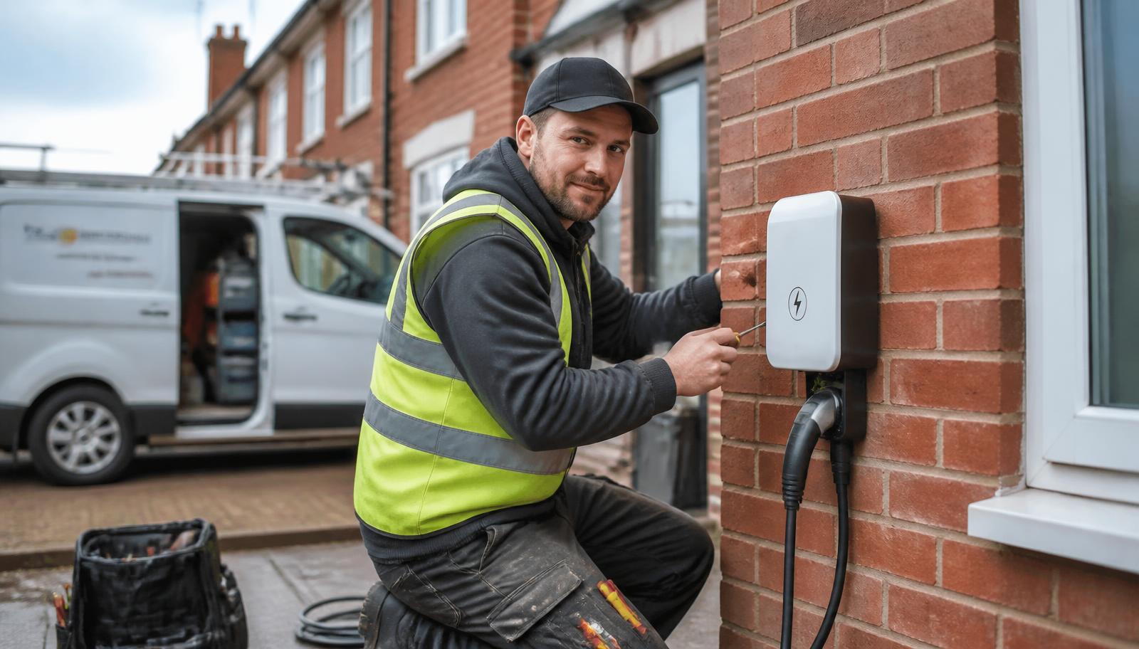 Appleby Electrical electrician fitting a home EV charging point to a brick wall