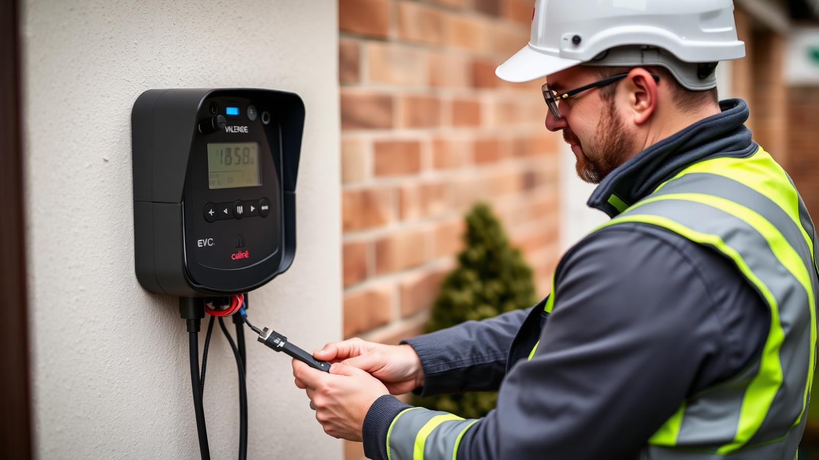 Electrician fitting a home EV charging unit to a house wall