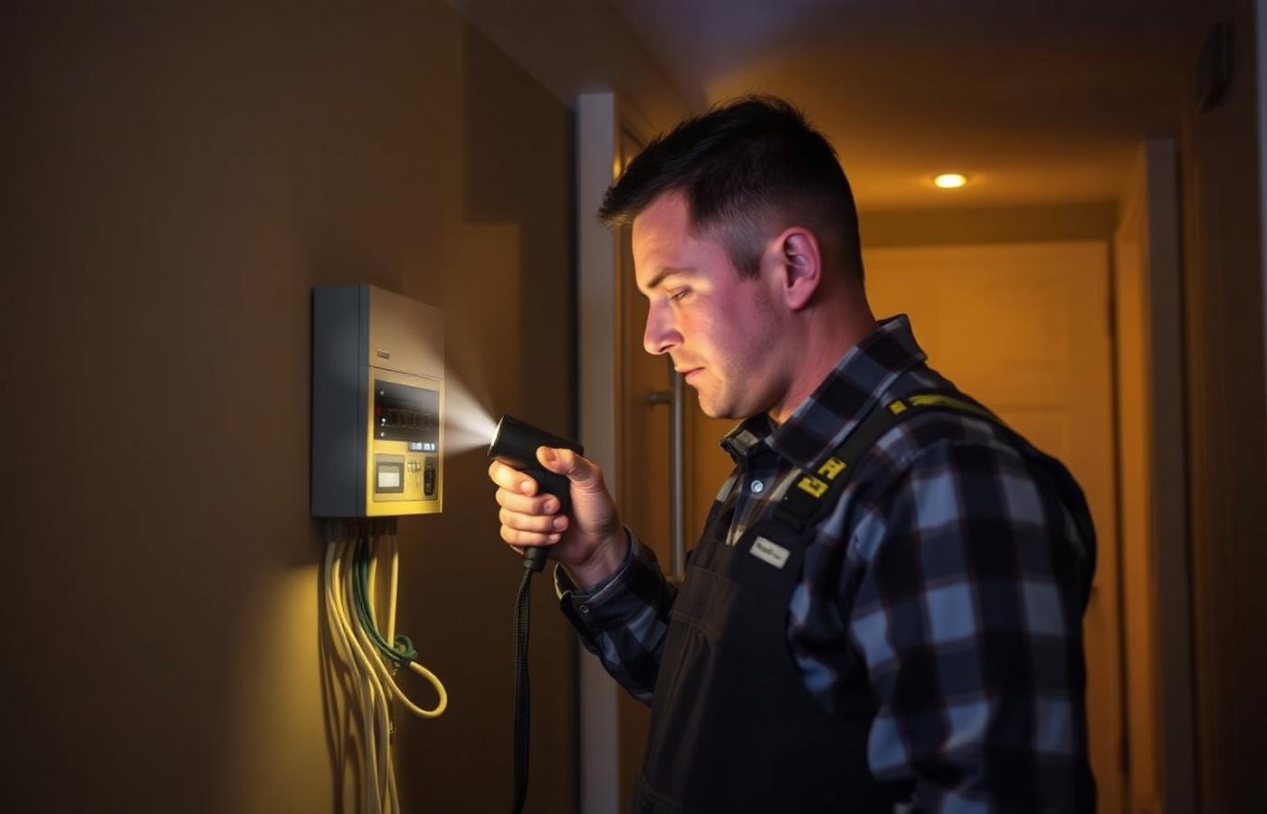 Electrician inspecting a home consumer unit by torchlight during a power failure