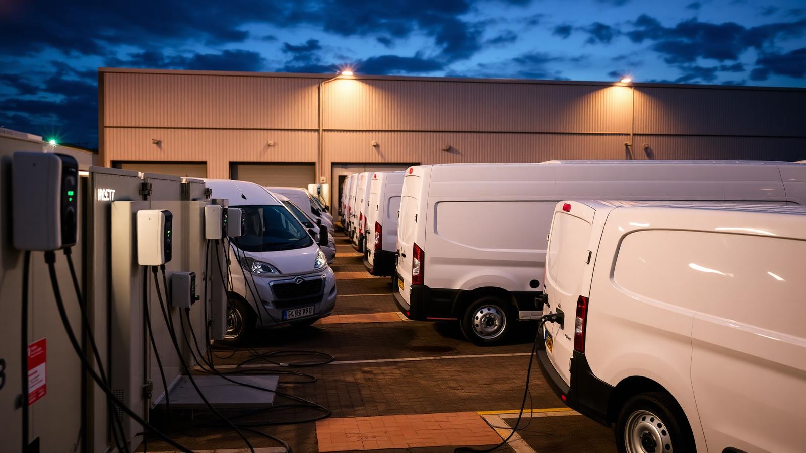 Fleet of electric vans charging overnight at a UK depot