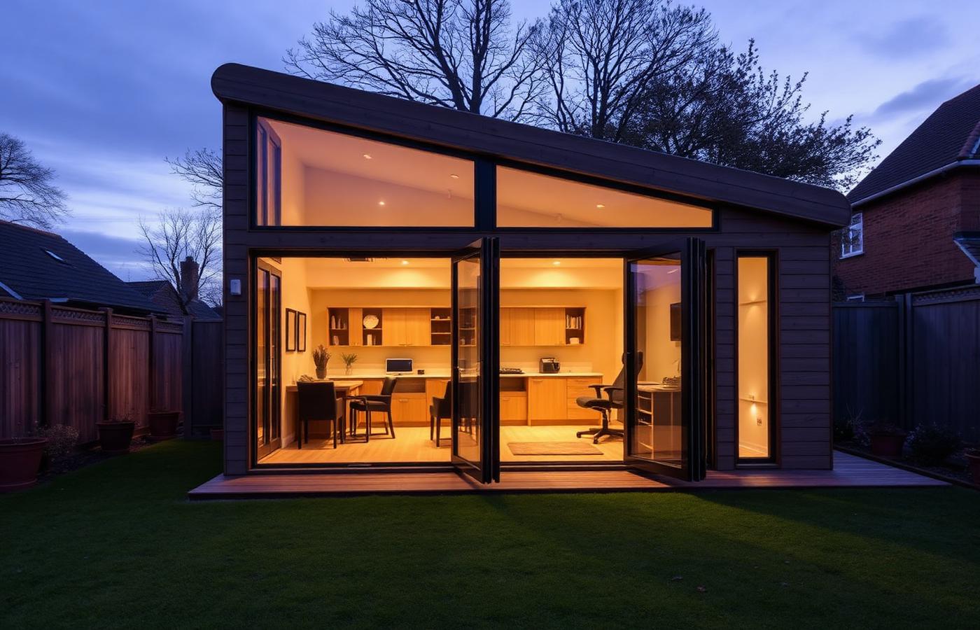 Timber-clad garden office lit from inside at dusk