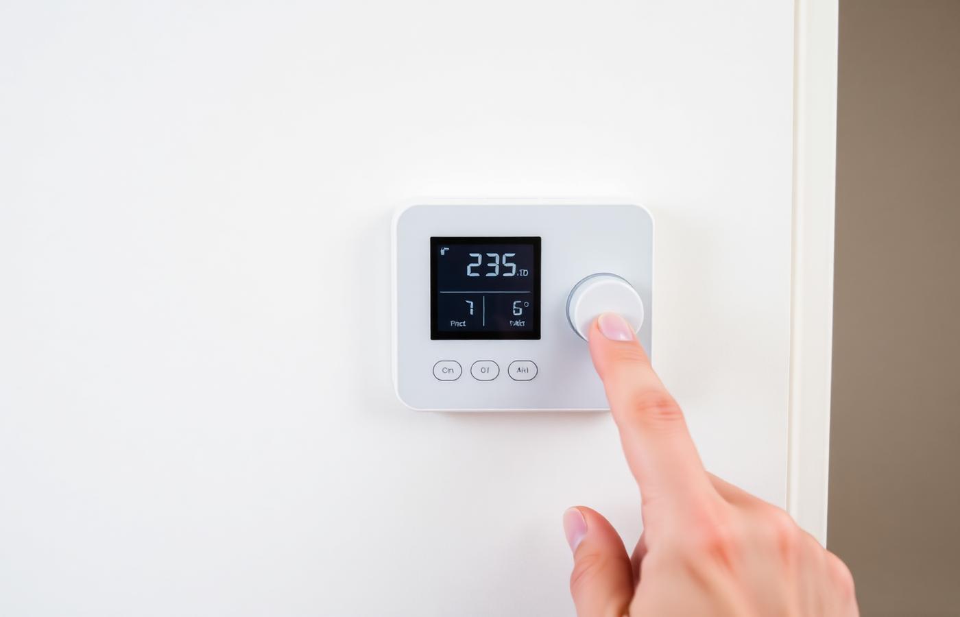 Wall-mounted digital heating thermostat being adjusted