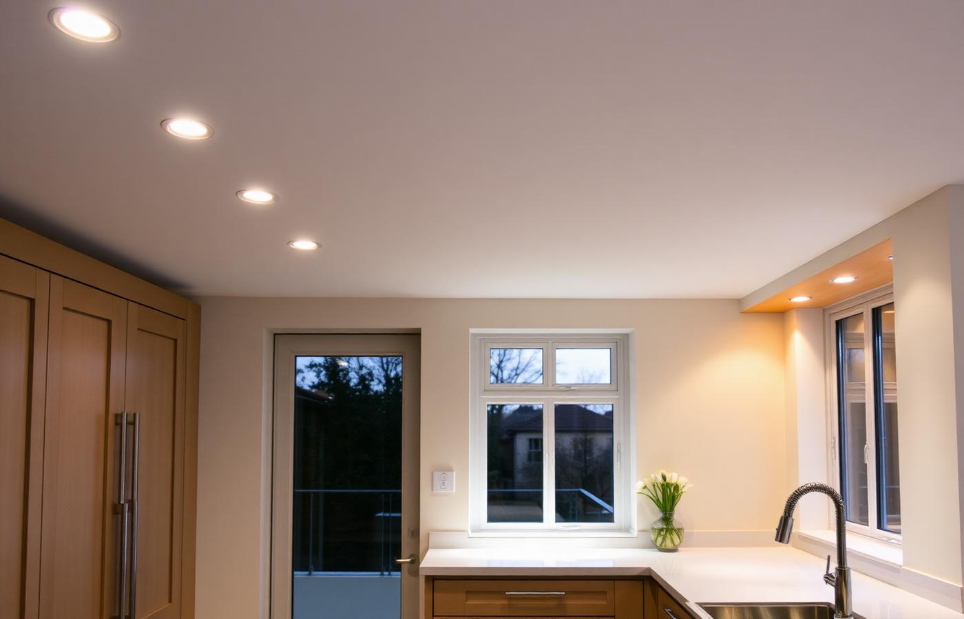 Modern kitchen with recessed LED downlights and warm under-cabinet lighting