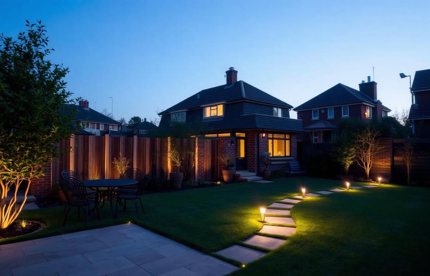 Suburban garden at dusk with lit pathway, patio and planting