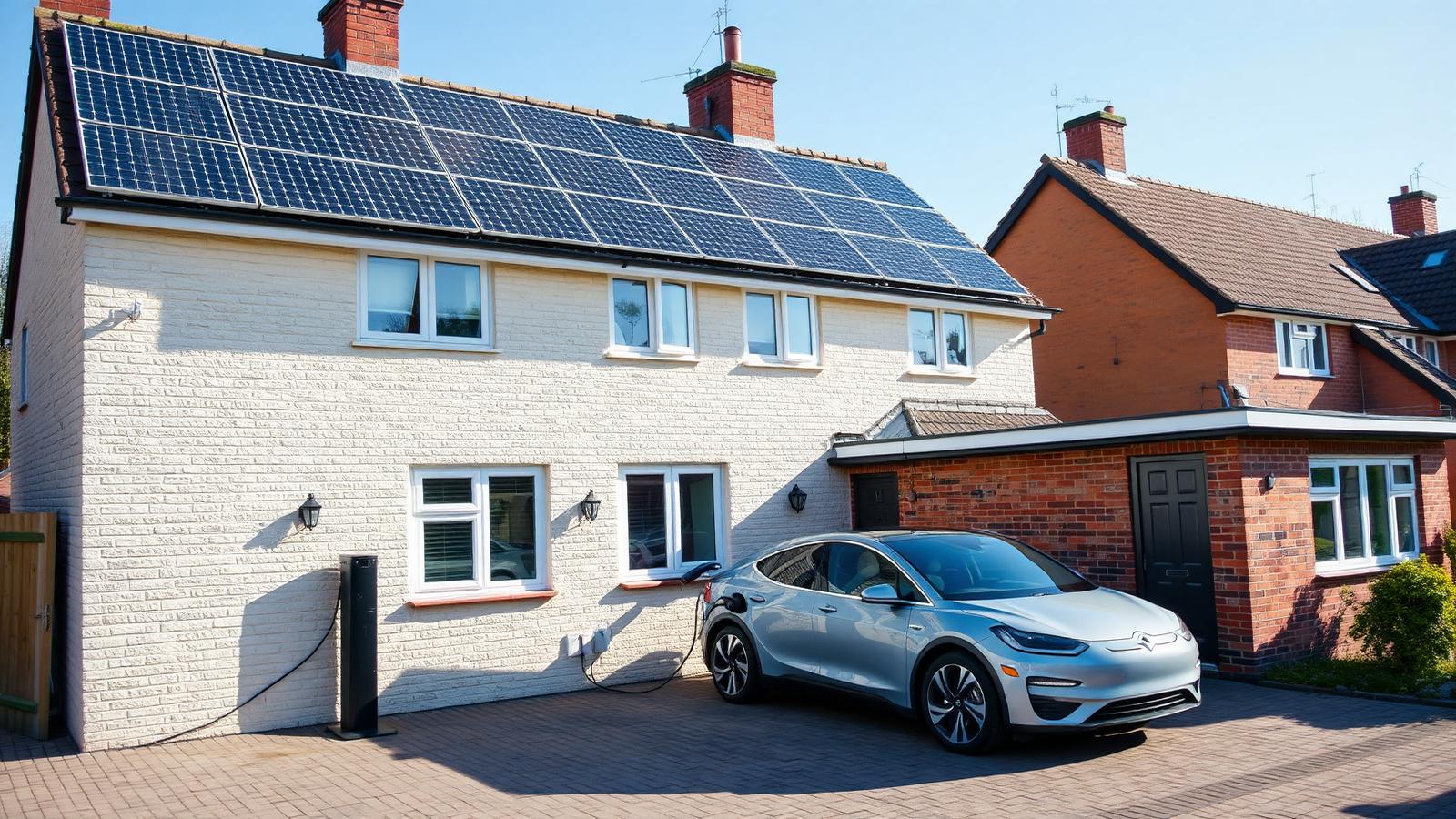 Solar panels on a house with an electric car charging on the driveway