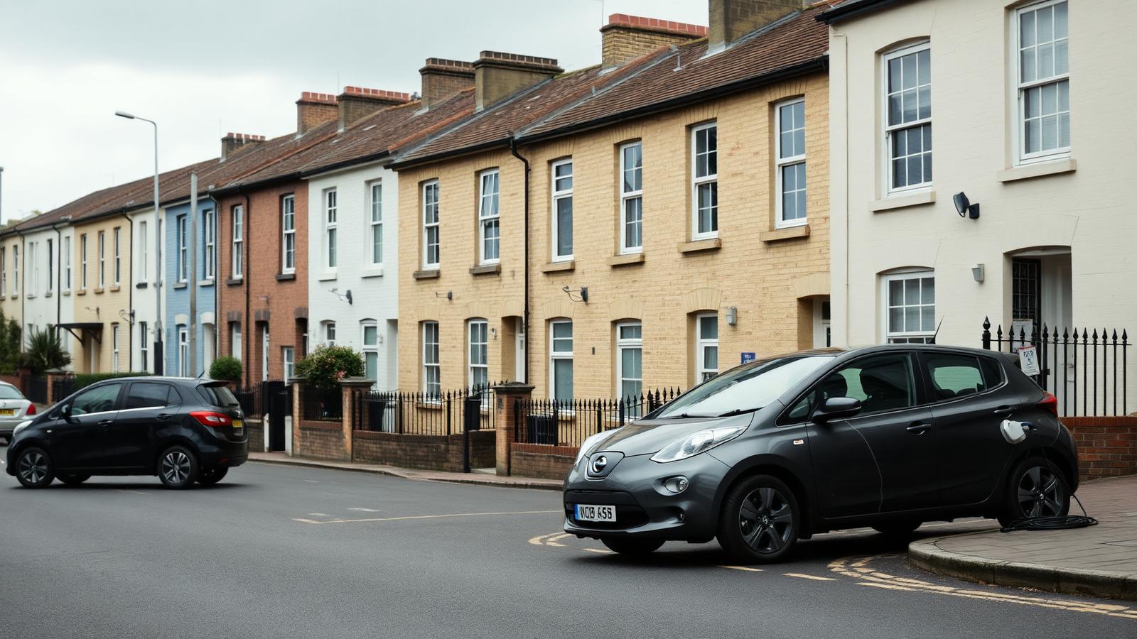 Electric car parked on a residential street with on-street parking only