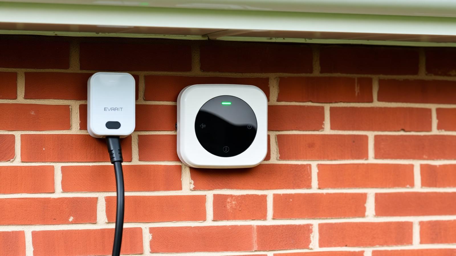 Compact smart home EV charger mounted on a brick wall