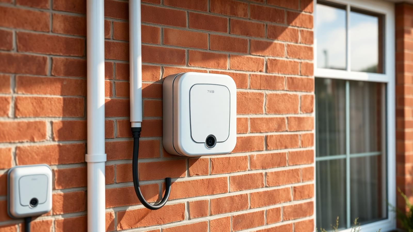 Neatly installed white 7kW home EV charger with tidy cable containment on a UK brick wall